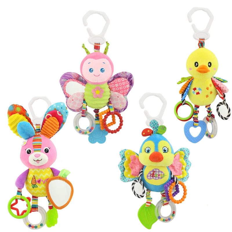 Colorful plush toys for babies featuring a butterfly, bunny, bird, and chick, each with clips, rings, and mirrors. Designed for sensory play with vibrant patterns and textures.