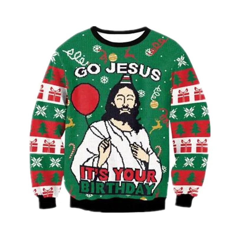 Festive sweater featuring a graphic of a person with long hair and a party hat. Text reads "Go Jesus, It's Your Birthday" with Christmas decorations like gifts and snowflakes.