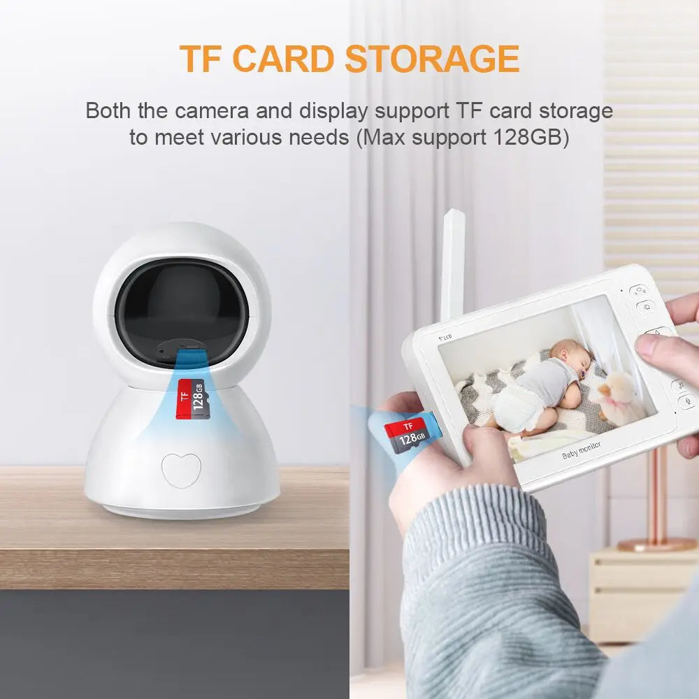 White baby monitor camera and display with TF card slots, supporting up to 128GB. Display shows a sleeping baby. Text highlights TF card storage compatibility.