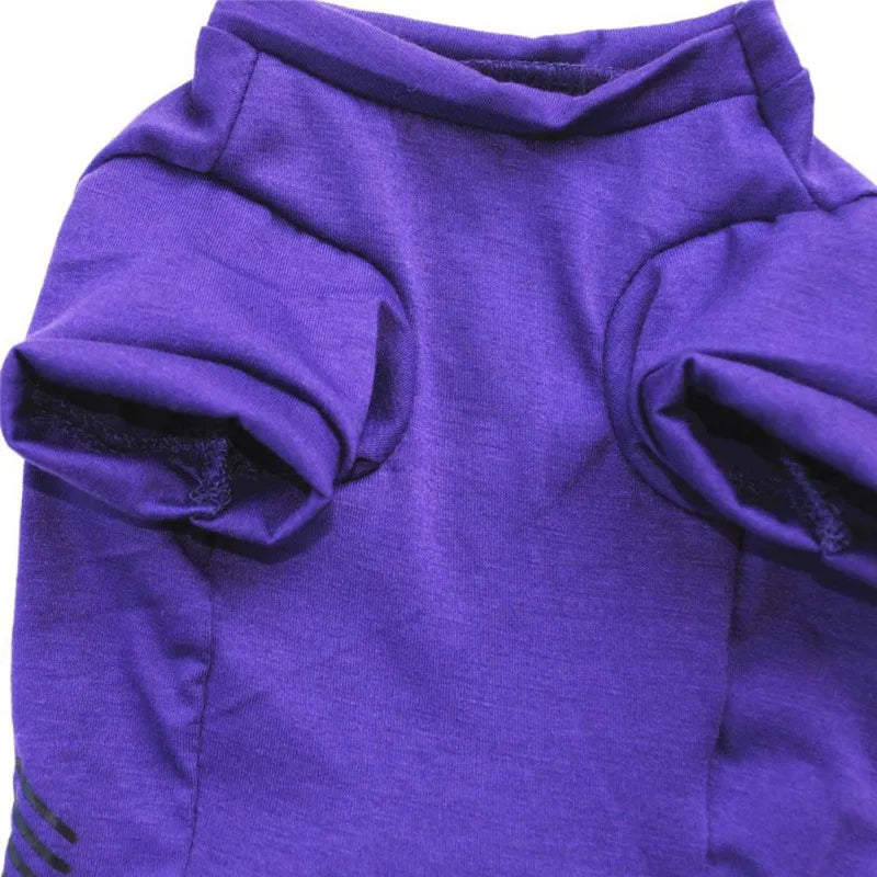 Close-up of a purple fabric garment with short sleeves. The material appears soft, with visible stitching along the seams. The sleeves are folded slightly.