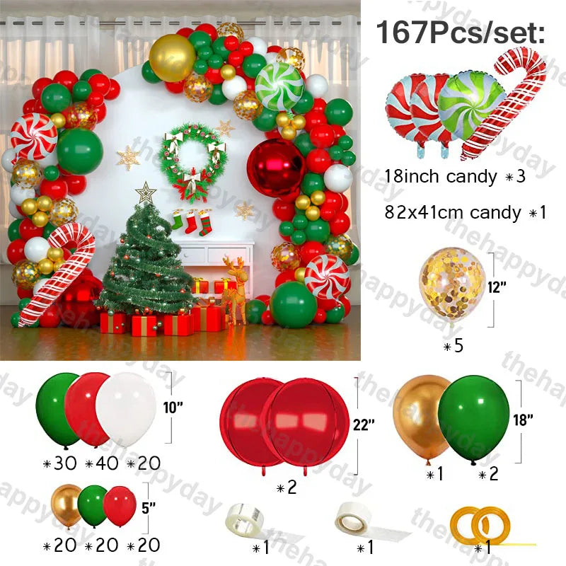 Christmas-themed balloon set with 167 pieces includes red, green, and gold balloons, candy cane balloons, a Christmas tree, wreath, and presents for festive decoration.