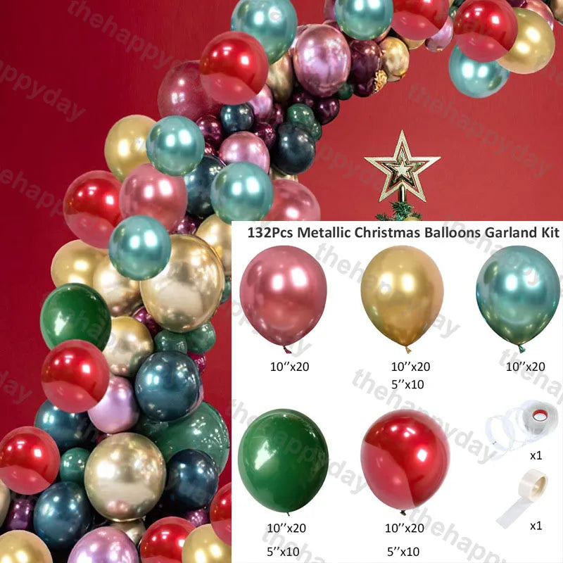 Festive balloon garland with metallic red, green, gold, and blue balloons on a red background. Includes a 132-piece Christmas balloon kit with various sizes and accessories.