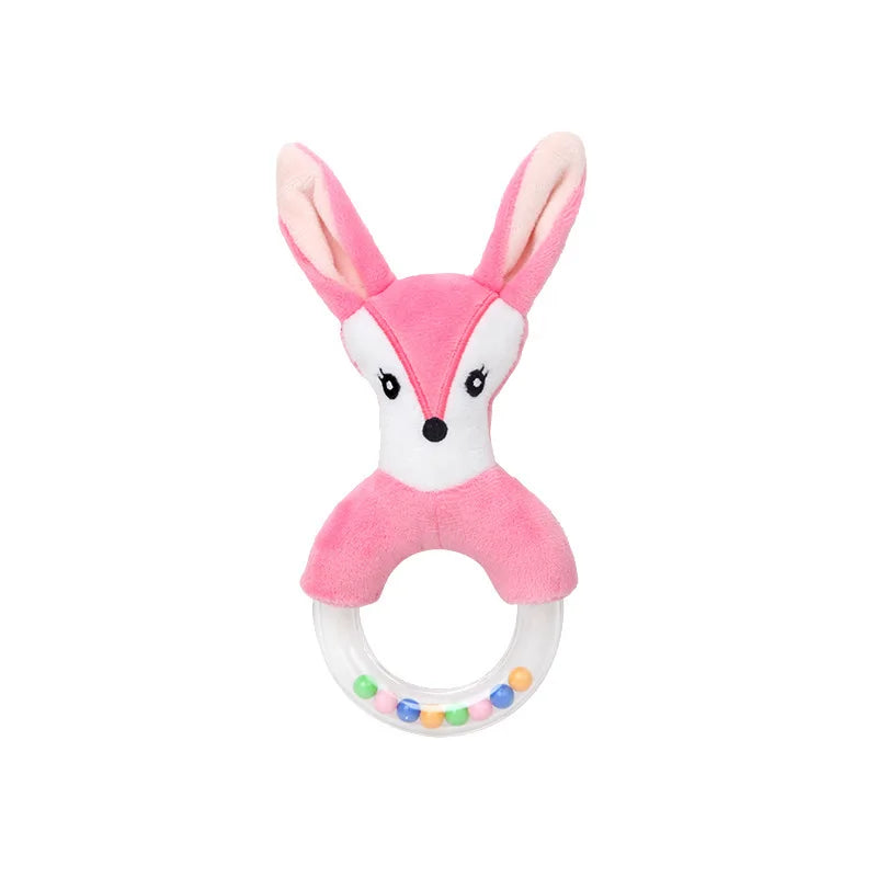 Pink plush fox-shaped baby rattle with tall ears and a white face. It features a transparent circular handle containing colorful beads.