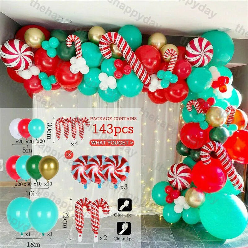 Festive balloon arch kit with 143 pieces, including red, green, and gold balloons, candy cane and peppermint swirl designs, ideal for holiday celebrations.