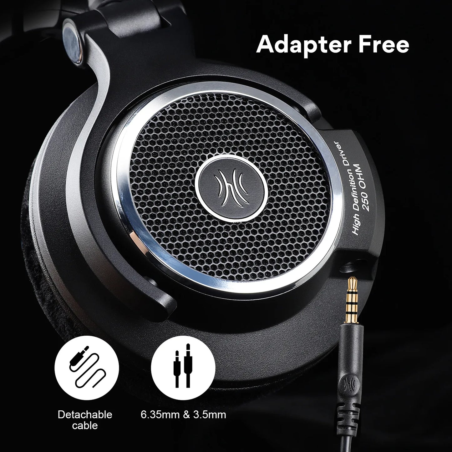 Close-up of black headphones with a mesh grille, showing "High Definition Driver 250 OHM" text. Features detachable cable with 6.35mm and 3.5mm jacks. Caption: "Adapter Free."