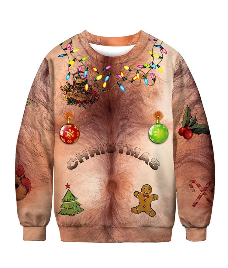 Humorous sweater printed with a hairy torso design featuring Christmas lights, ornaments, holly, a gingerbread man, and candy canes. The word “Christmas” is across the stomach.