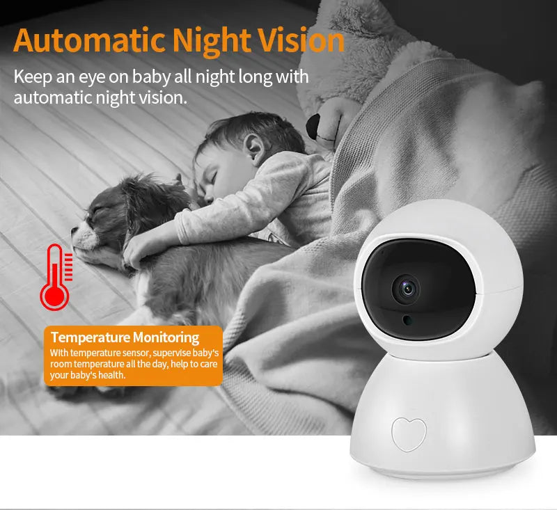 A child sleeps beside a dog on a bed, with a baby monitor in the foreground. Text highlights "Automatic Night Vision" and "Temperature Monitoring" to ensure health and safety.