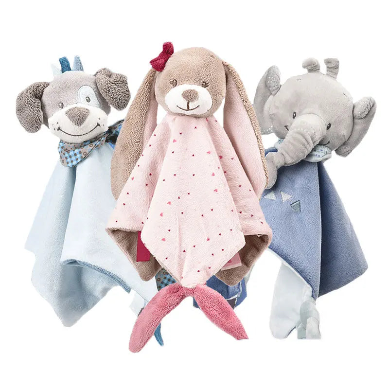 Three plush animal security blankets: a dog with a blue blanket, a bunny with a pink blanket featuring polka dots, and an elephant with a gray blanket.