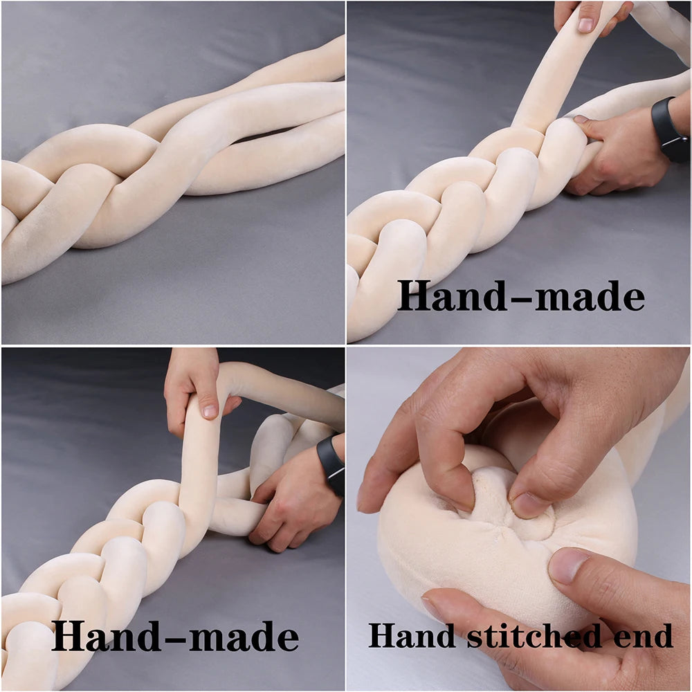 Collage of images showing a hand-made, braided beige fabric item being crafted by hand, highlighting the braiding process and the hand-stitched end.