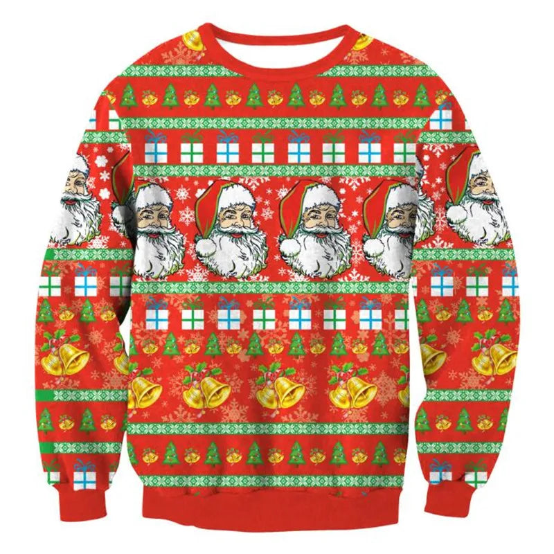 Red Christmas sweater with Santa faces, gift boxes, bells, snowflakes, Christmas trees, and green borders in a repeating festive pattern.