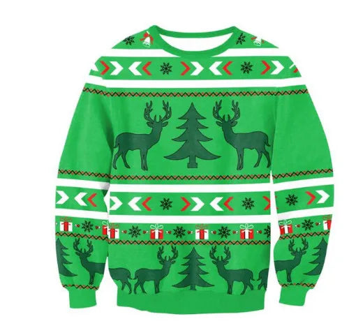 Green Christmas sweater with reindeer and tree patterns. Features red and white geometric designs, snowflakes, and small gift boxes, creating a festive holiday look.