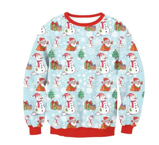 Festive holiday sweater with snowmen, Santa Claus, gifts, and trees on a light blue background, accented with red cuffs and collar.