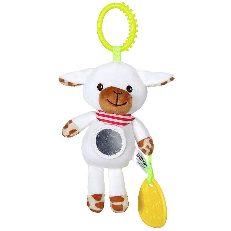 Plush lamb toy with a brown face, red striped scarf, and yellow teething toy. Features a mirrored circle on its belly and a yellow ring for hanging.