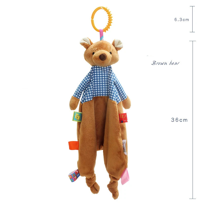 A plush brown bear toy with a blue checkered shirt and colorful tags. It measures 36 cm long and 6.3 cm wide. An orange loop is attached for easy hanging.