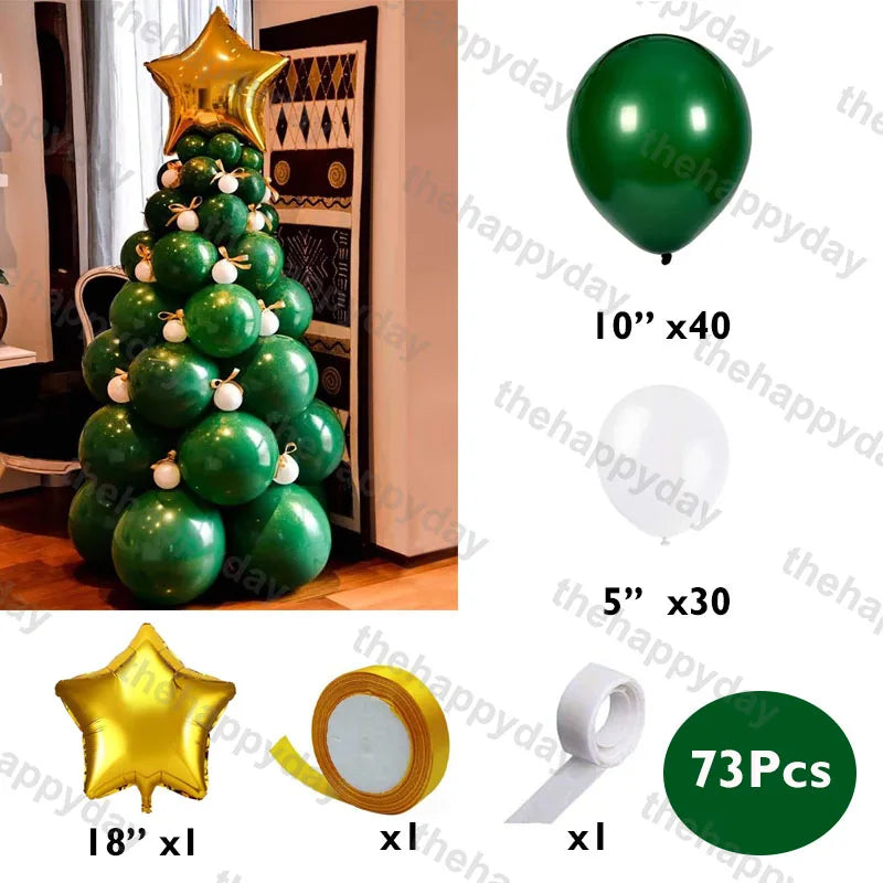 A balloon Christmas tree with green balloons, white small balloons, and a gold star topper. Includes 40 green balloons (10”), 30 white balloons (5”), tape rolls, and a star balloon (18”).
