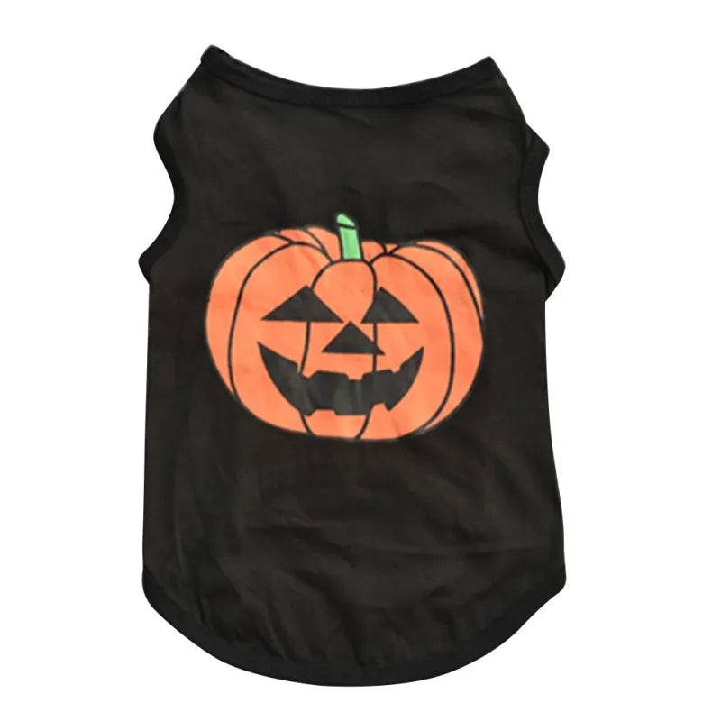 Black pet costume with a smiling orange jack-o'-lantern design on the back. Ideal for Halloween, featuring a sleeveless design for easy wear.