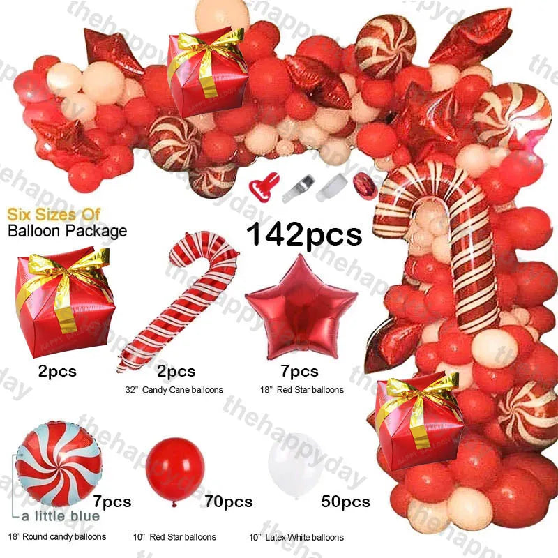 Balloon decoration set with 142 pieces, featuring red and white balloons, including candy cane and star shapes. Includes red gift box and swirl designs for festive themes.