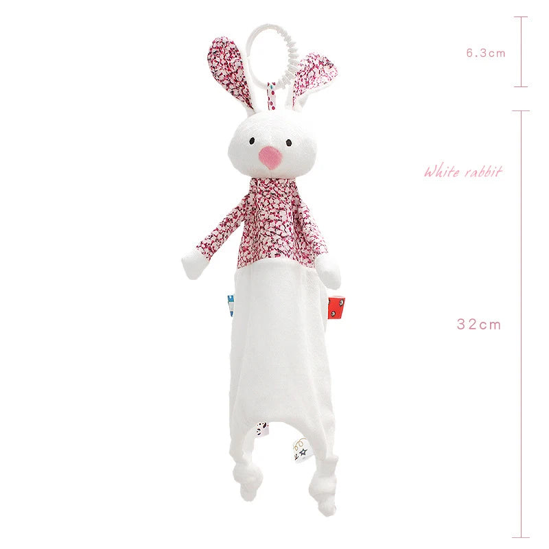 Soft white rabbit toy with pink floral ears and shirt, measuring 32cm in length and 6.3cm in width. Features colorful tags and a loop handle on its head.