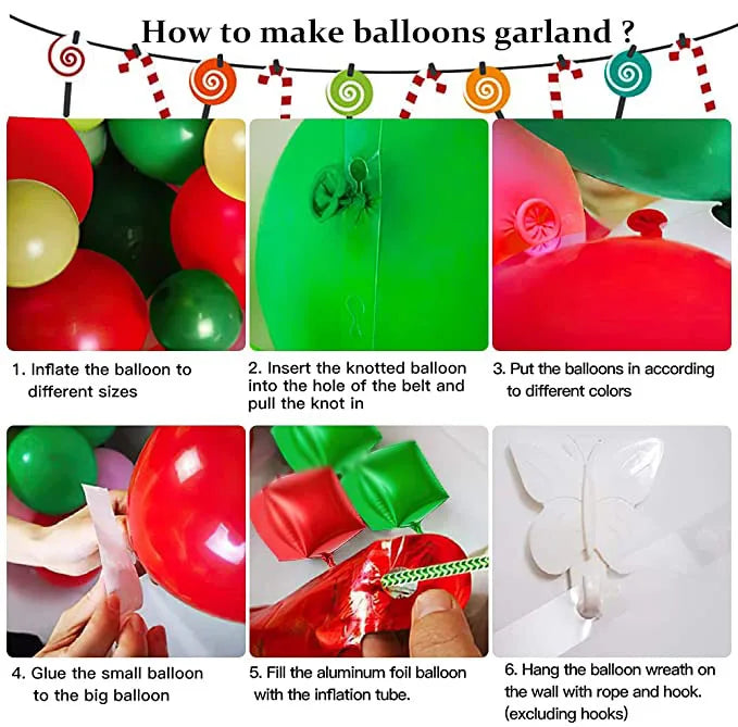 Instructions for making a balloon garland with red, green, and gold balloons. Steps include inflating balloons, inserting them into a belt, arranging by color, and hanging.