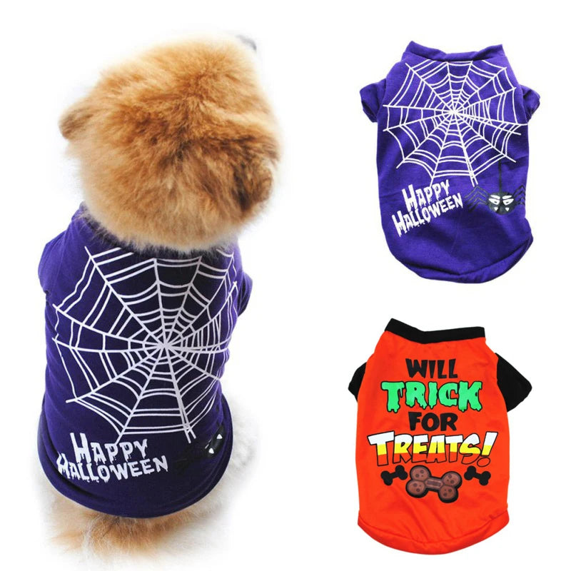 A fluffy dog models a purple "Happy Halloween" shirt with a spiderweb. Nearby, two dog shirts are shown: one purple with a spiderweb, and an orange one saying "Will Trick for Treats!"