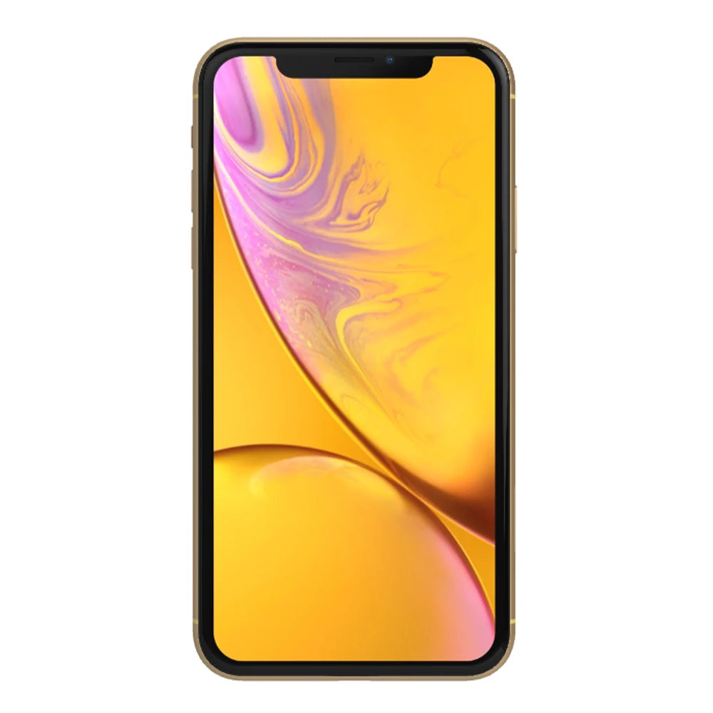 Smartphone with a yellow and purple abstract swirl wallpaper, featuring a black frame and a notch at the top of the screen.