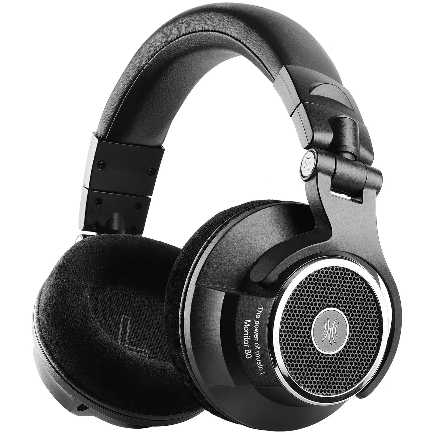 Black over-ear headphones with cushioned ear pads and a metal grille on the outer ear cups. The headband has a leather-like finish, and the right ear cup features a branding design.