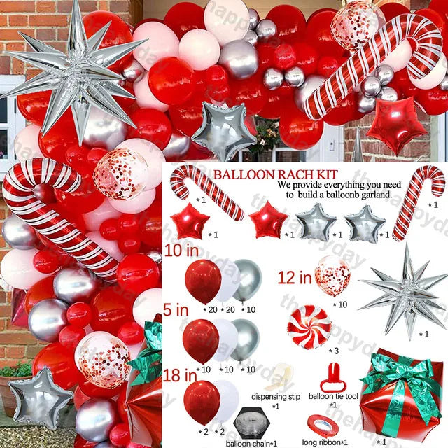 Festive balloon arch kit with red, white, and silver balloons, candy cane and star shapes. Includes a setup guide detailing various balloon sizes and extra tools for assembly.