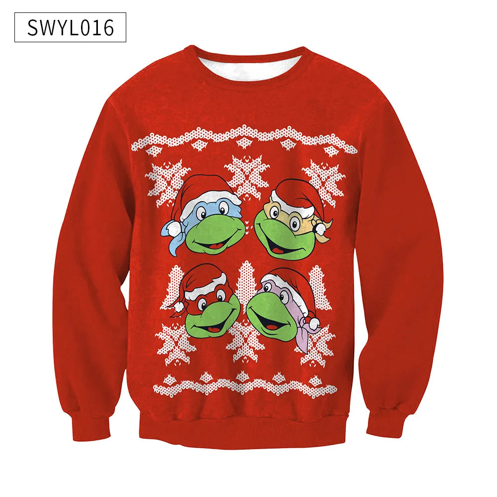 Red Christmas sweater featuring cartoon turtle faces wearing Santa hats, surrounded by white snowflake patterns.