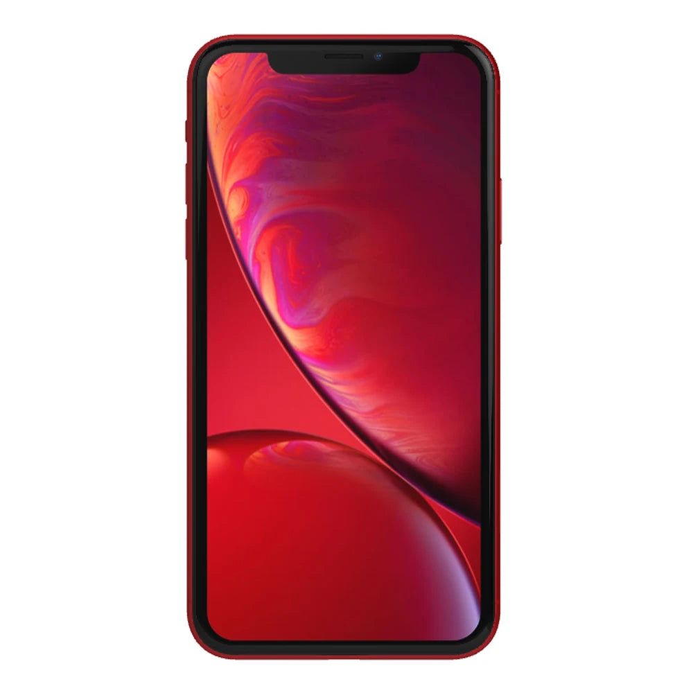 Red smartphone with a large screen displaying a vibrant, abstract red and purple swirl design. The device has rounded edges and a slim bezel.
