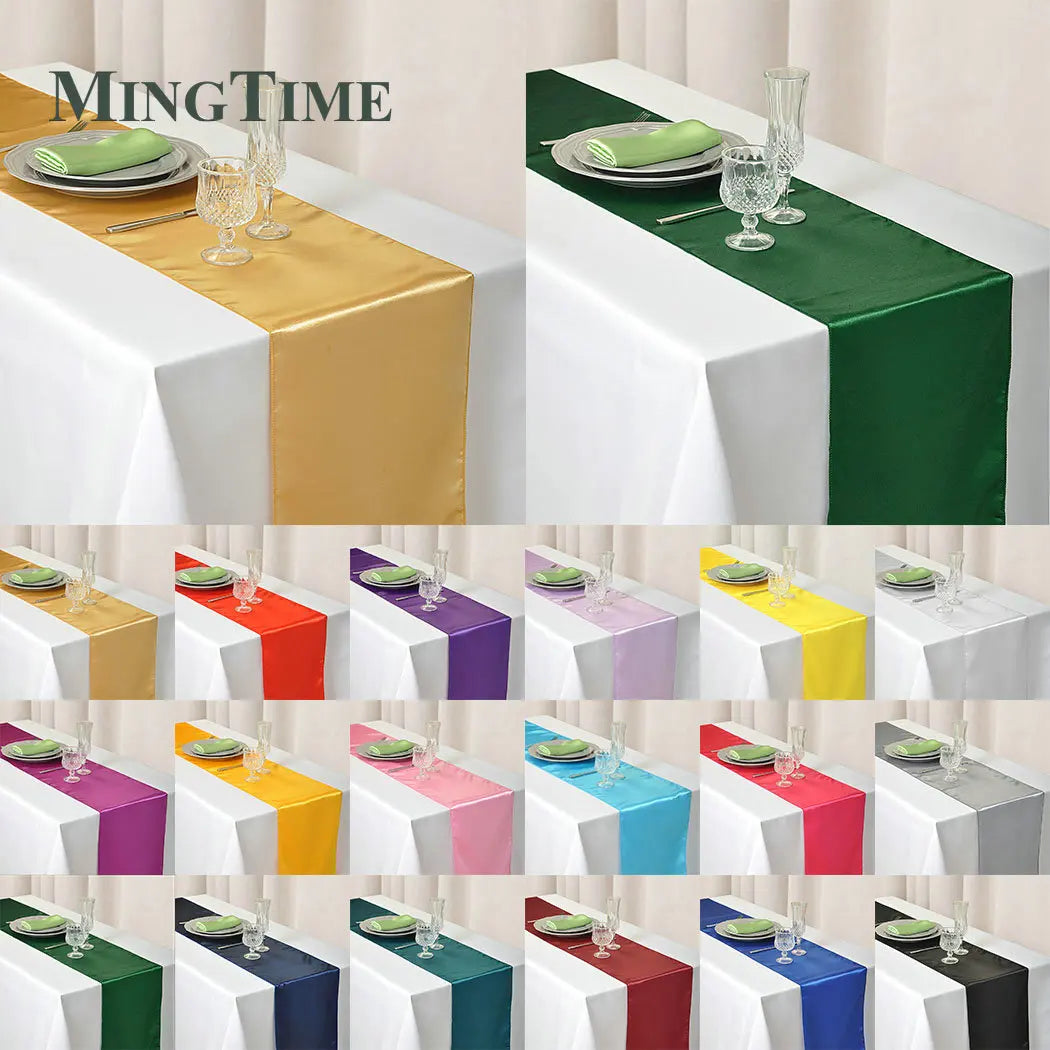 Collection of tables with white tablecloths and satin runners in various colors, each set with plates, napkins, and glassware. Brand name "MingTime" displayed at the top.