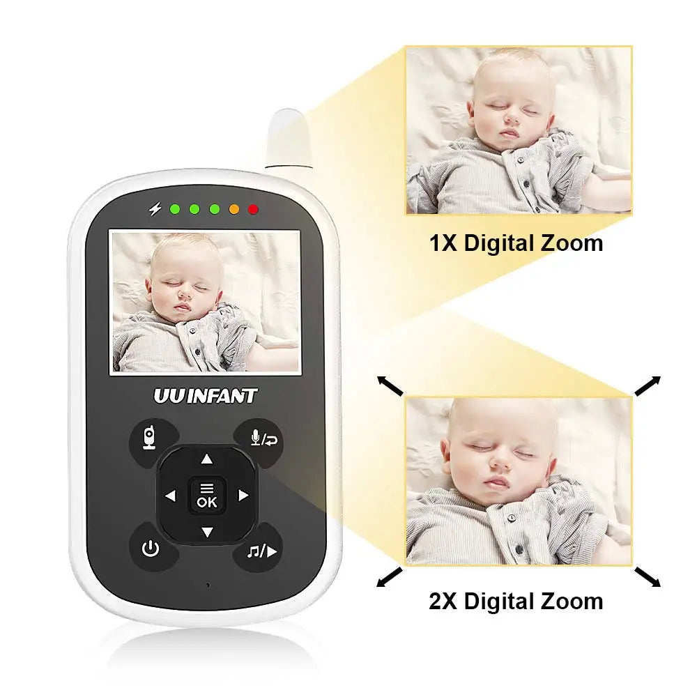 Baby monitor screen showing a sleeping baby, with 1X and 2X digital zoom options illustrated. The device has control buttons and indicators on the front.