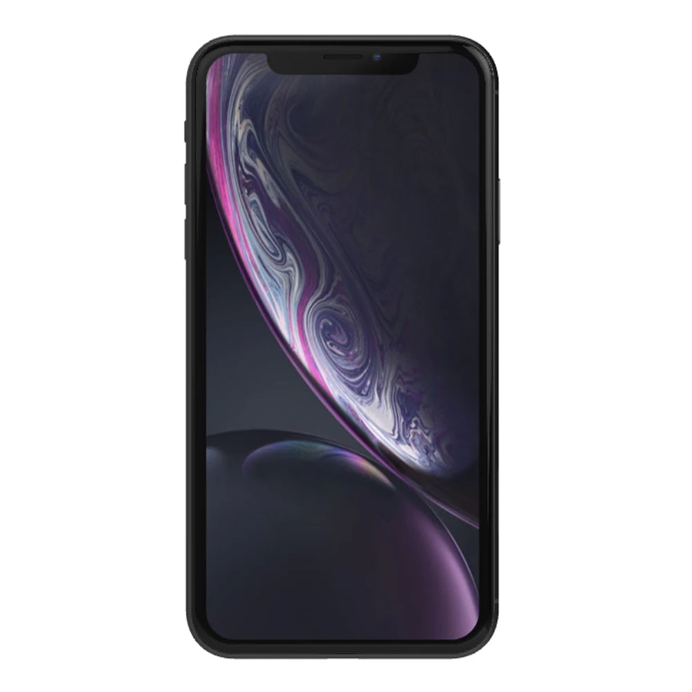 Smartphone with a black frame displaying a swirling, abstract purple and black wallpaper on the screen. The design includes a prominent notch at the top for the camera.