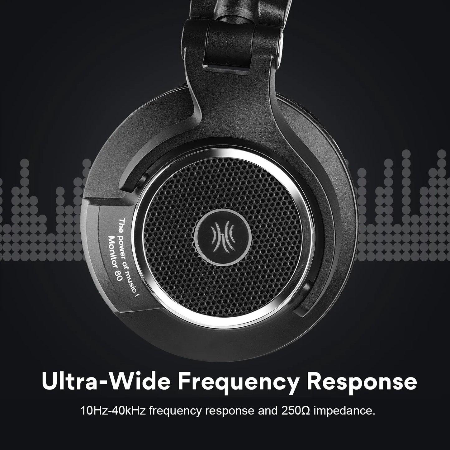 Close-up of a black headphone earpiece with "Ultra-Wide Frequency Response" and specs: 10Hz-40kHz, 250Ω. Stylish design with a backdrop of sound wave graphics.