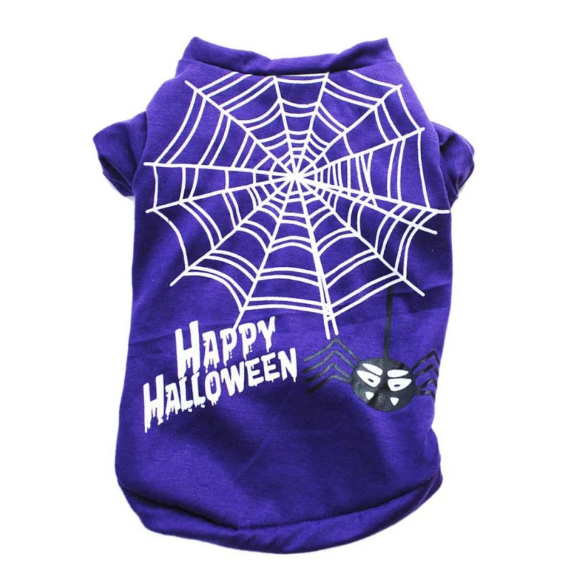 Purple dog shirt with a white spiderweb design and an illustrated black spider. The text "Happy Halloween" is printed in white spooky font below the web.