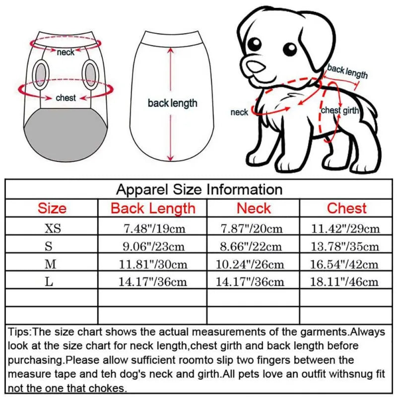 Dog apparel size chart with measurements for back length, neck, and chest. Sizes include XS, S, M, and L. Illustrations guide measuring techniques. Tips for a snug, safe fit.