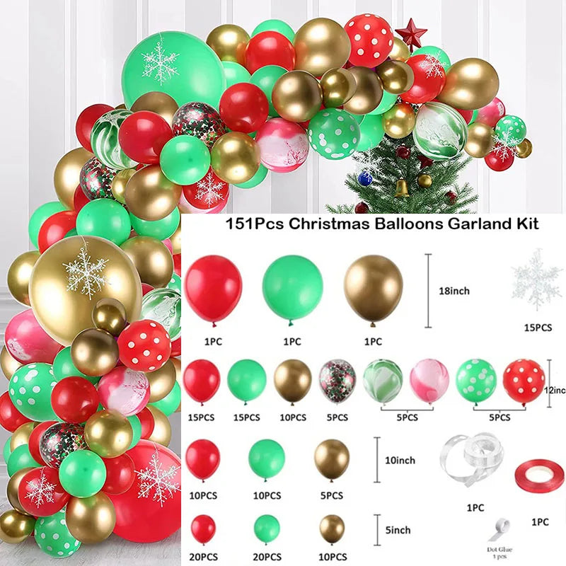 Christmas balloon garland kit with 151 pieces, featuring red, green, and gold balloons in various sizes. Includes polka dot designs, snowflakes, and additional accessories.