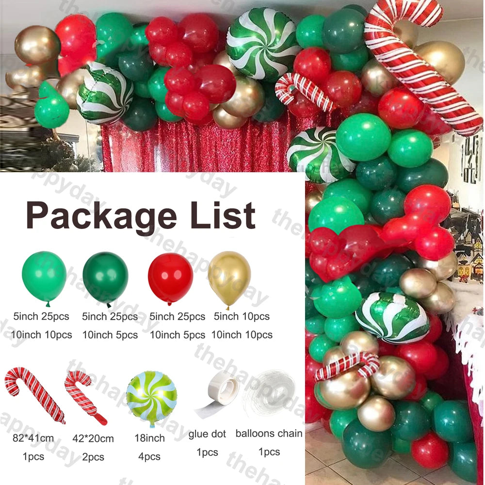 Festive balloon arch with red, green, gold, and striped candy-themed balloons. A package list details balloon sizes and quantities, including candy canes and glue accessories.