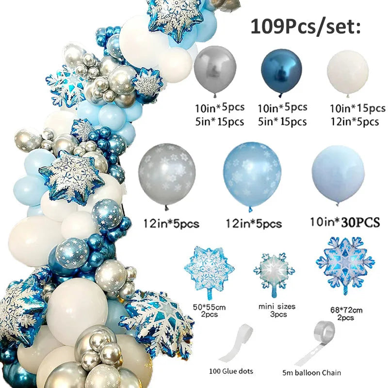 Balloon garland set featuring 109 pieces: white, blue, silver balloons in various sizes, snowflake designs, glue dots, and a balloon chain. Perfect for winter-themed decor.