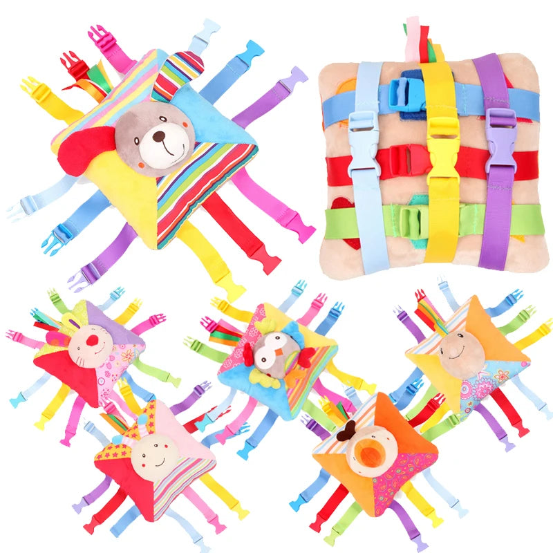Colorful sensory cushions with animal faces and various bright straps for tactile engagement. Each cushion has multiple buckle straps in different colors for play.