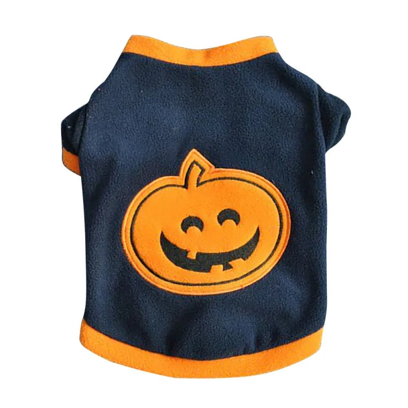 Dark blue pet sweater with orange trims featuring a smiling pumpkin design on the back, perfect for Halloween festivities and keeping pets warm.