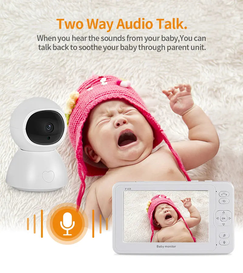 Baby wearing a pink hat is crying, shown on a video baby monitor screen. Text highlights "Two Way Audio Talk" feature, allowing communication through the parent unit.