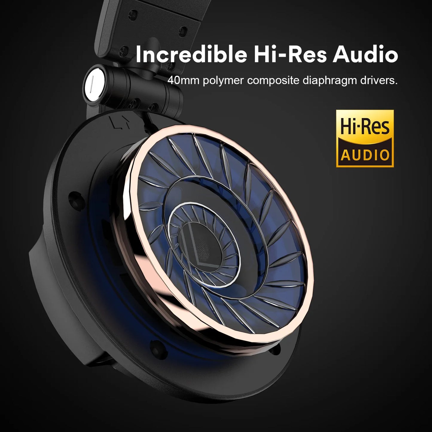 Close-up of a headphone speaker featuring a 40mm polymer composite diaphragm, highlighting "Incredible Hi-Res Audio" with an accompanying Hi-Res Audio logo on a dark background.