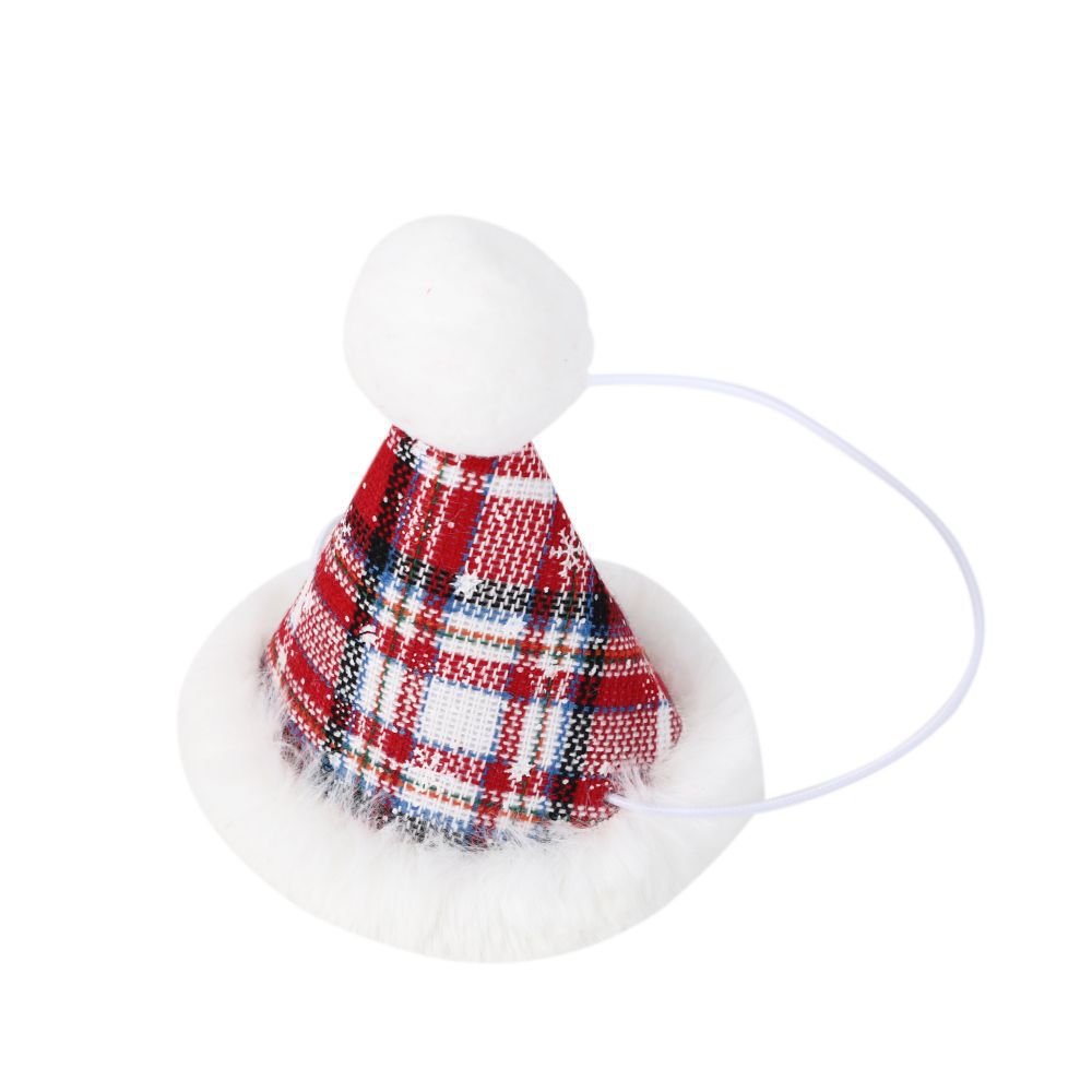 Red and white plaid Christmas hat with a fluffy white trim and pom-pom on top. The hat is small with an attached elastic band for securing, set against a plain white background.
