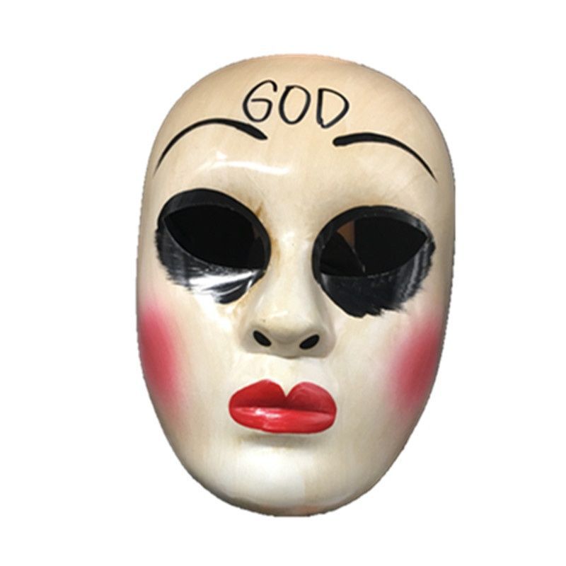 A white theatrical mask with "GOD" written on the forehead, black eyeshadow, red lips, and rosy cheeks, giving a dramatic and eerie expression.