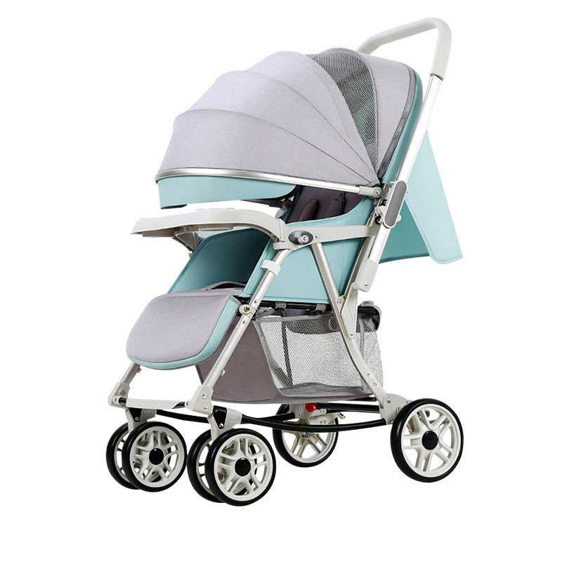 A modern baby stroller with a light grey and teal design, featuring a bassinet, adjustable canopy, storage compartment, and four double wheels for stability and easy maneuvering.