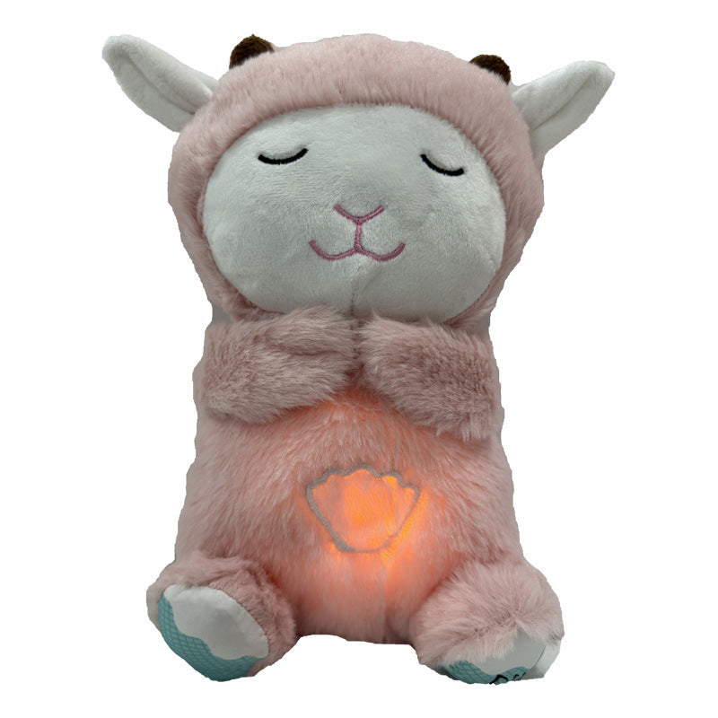 A plush toy resembling a serene lamb with closed eyes, wearing a pink hooded outfit. Its belly emits a soft orange glow, and it has white feet with teal paw pads.