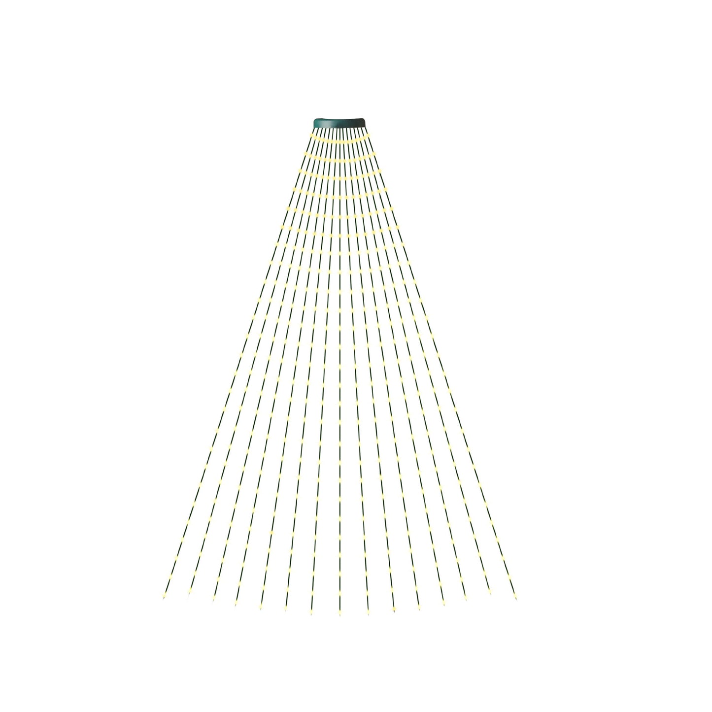 Yellow beams radiate downward in a conical pattern from a small green showerhead, set against a white background, resembling a shower of light.