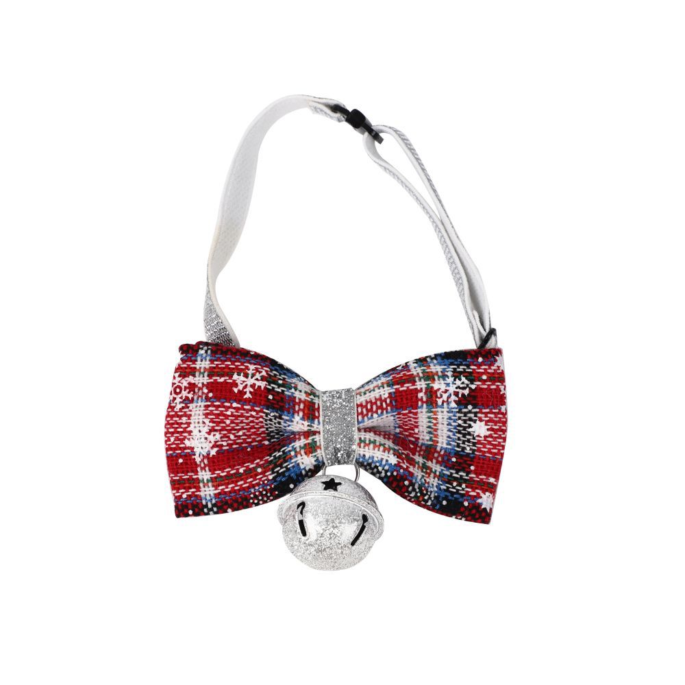 Red and white tartan-patterned bow tie with snowflake designs and a silver bell at the center, attached to a white elastic band.