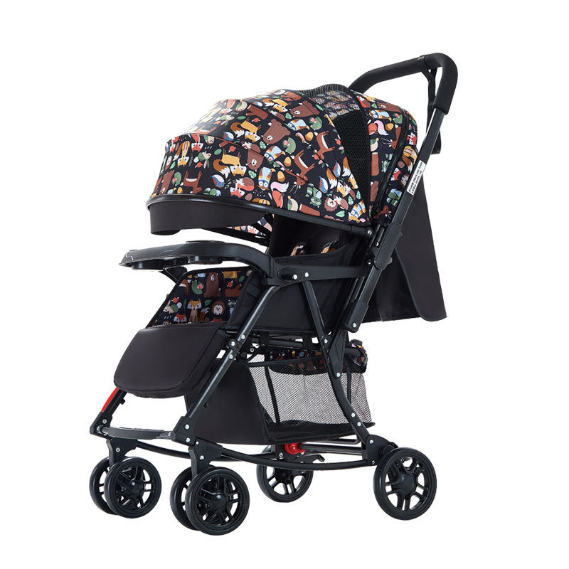Colorful baby stroller with a canopy featuring cartoon animals, mesh storage basket, and black frame. The stroller has four black wheels and a footrest for comfort.
