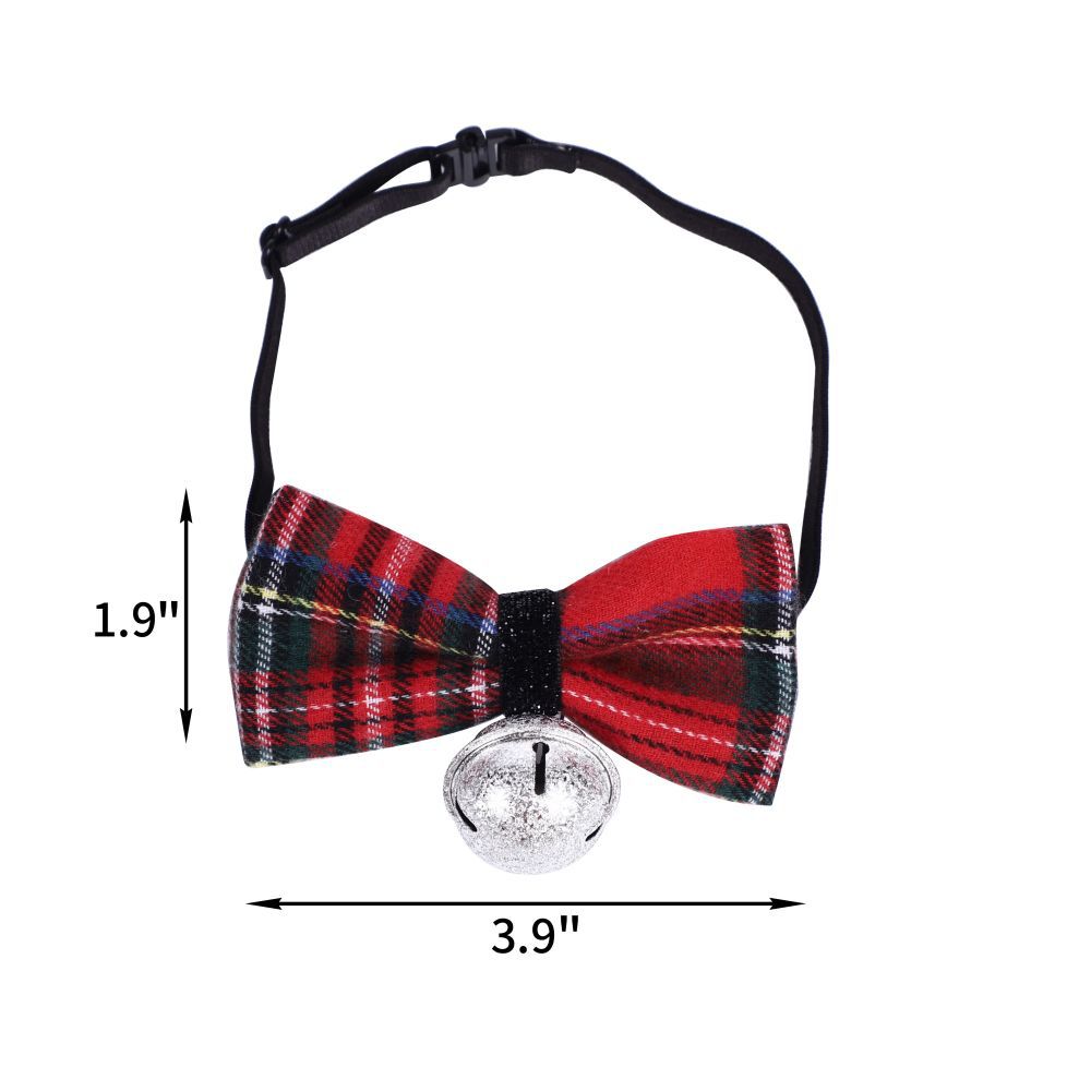Red plaid bow tie collar with a silver bell, measuring 3.9 inches wide and 1.9 inches tall. It features an adjustable black strap for fastening.